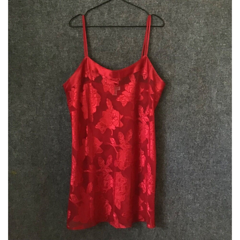 Morgan Taylor Chemise Nightgown Nightie XL Red Sheer Rose Spaghetti Strap Short